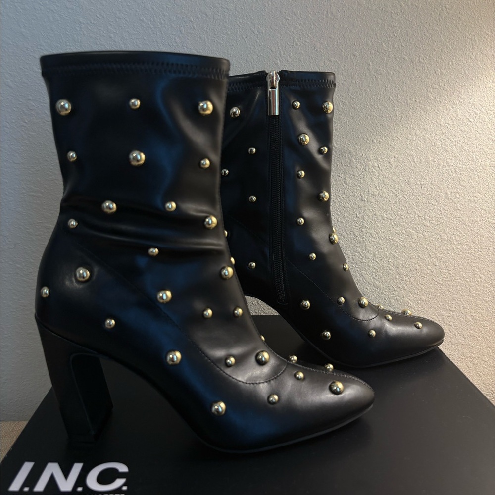 I.N.C. Black Mid-Block Heel Ankle Boots with Gold Stud Details